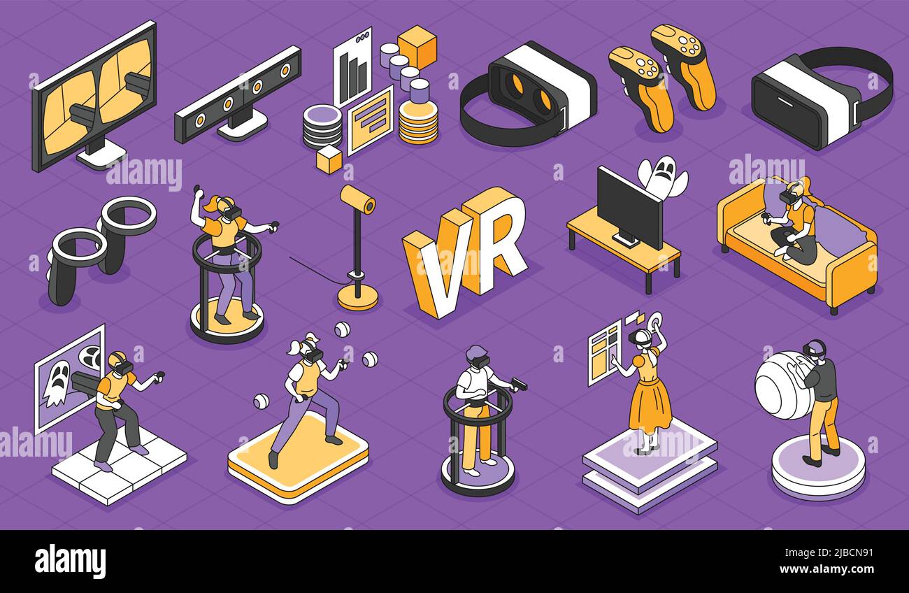 Composizione della realtà virtuale con simboli di intrattenimento nel cyberspazio isometrica illustrazione vettoriale isolata Illustrazione Vettoriale
