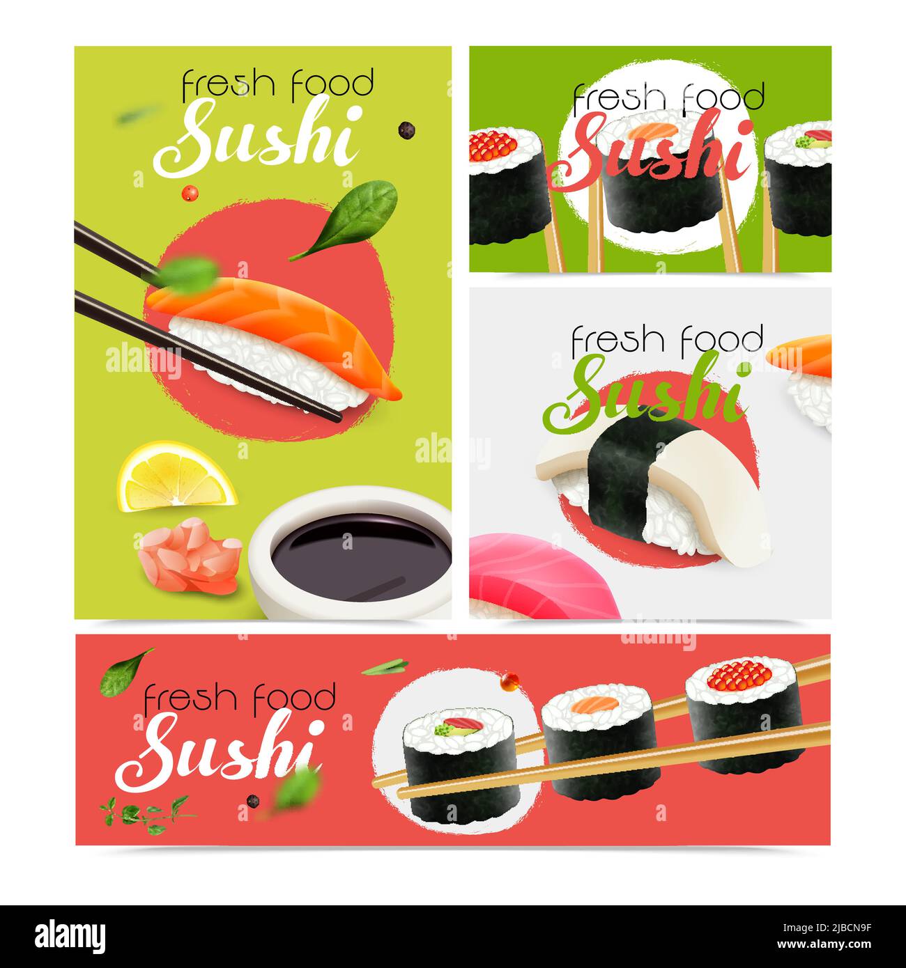 Striscioni di sushi freschi realistici con simboli di pesce isolato illustrazione vettoriale Illustrazione Vettoriale