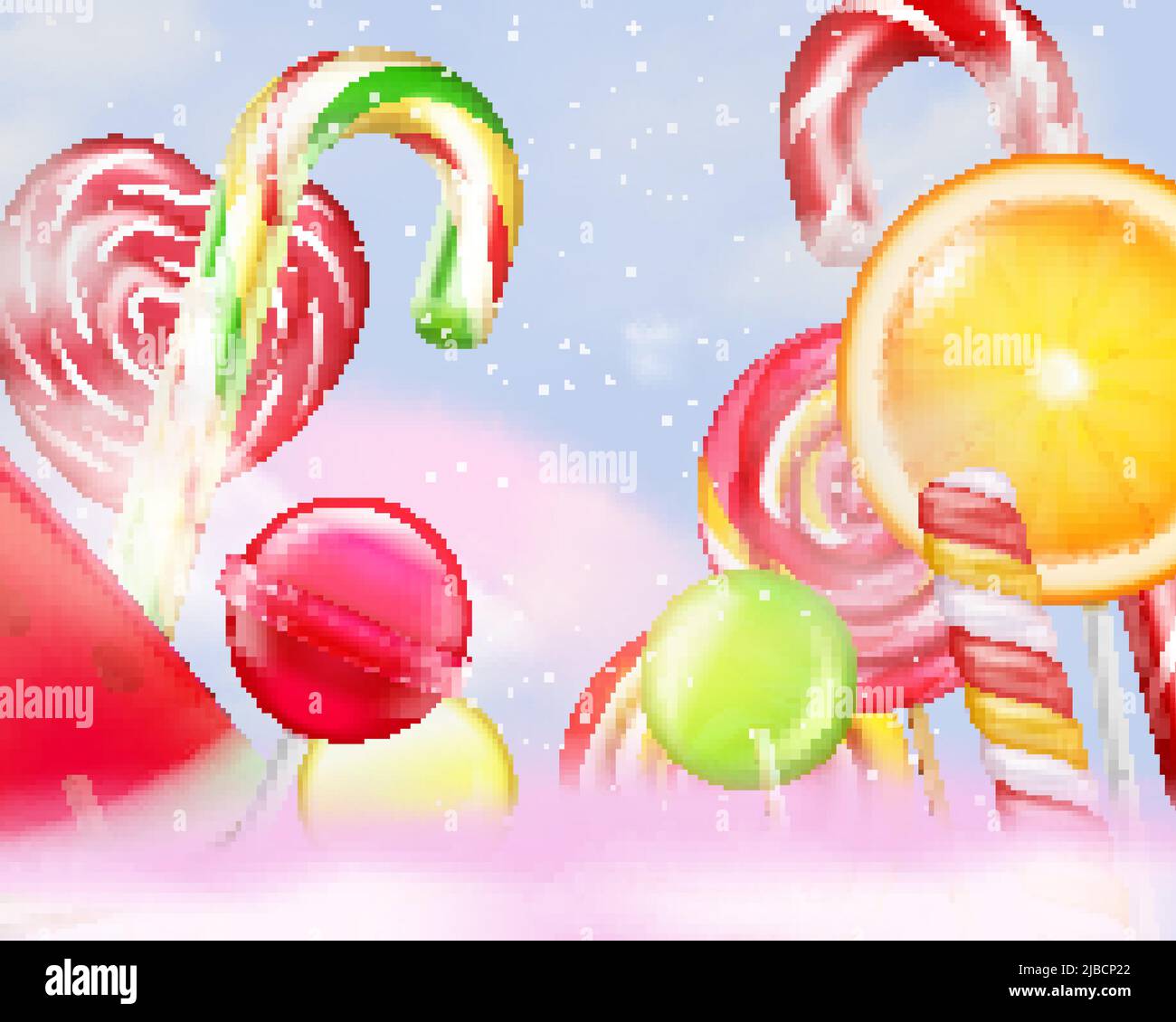 Lollypops stripped swirl cuore canna palla agrumi sapore closeup magia caramella terra sfondo realistico composizione vettoriale illustrazione Illustrazione Vettoriale