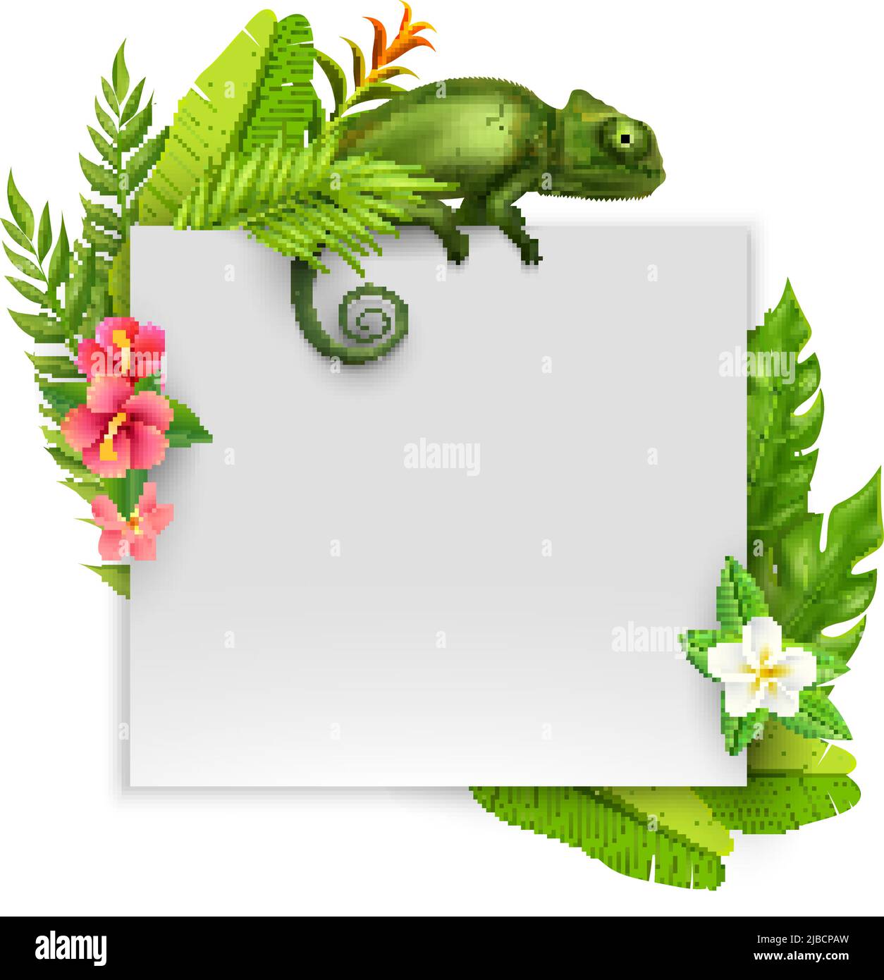 Composizione colorata e realistica con foglio di carta vuoto incorniciato da piante tropicali e fiori e camaleonte seduto Illustrazione Vettoriale