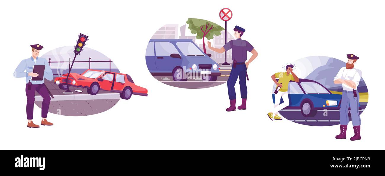 Polizia stradale set di tre composizioni piatte con personaggi di polizia stradale auto ufficiali e driver illustrazione vettoriale Illustrazione Vettoriale