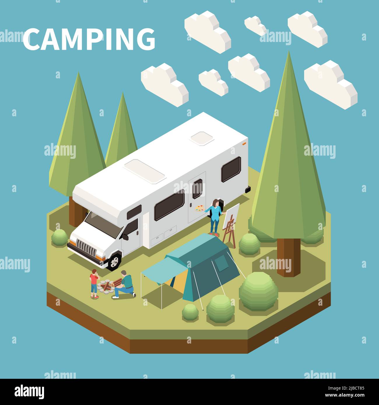 Concetto isometrico con pittura donna e uomo con bambino che fa fuoco al campeggio sito 3D illustrazione vettoriale Illustrazione Vettoriale