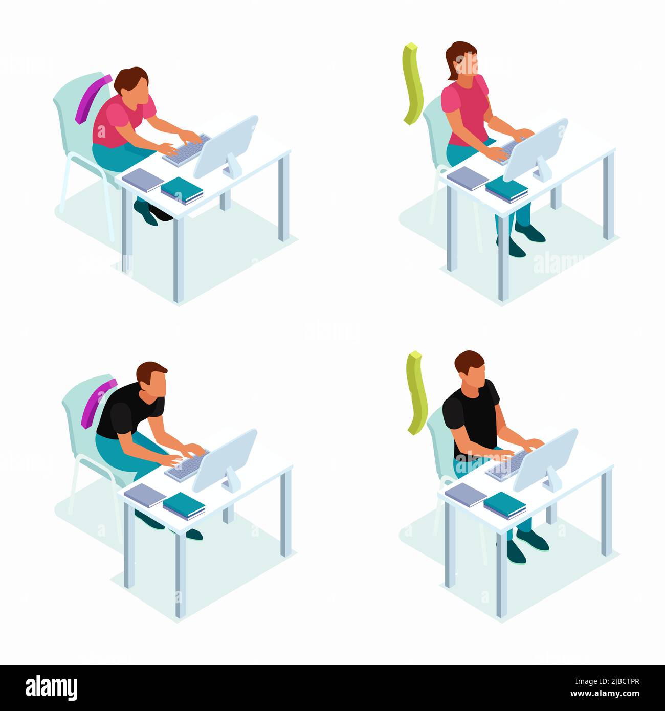 Corretta posizione seduta concetto 4 composizioni isometriche con buona e errata postura al vostro computer vettore illustrazione Illustrazione Vettoriale