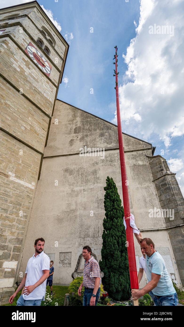 Bogen, Germania. 05th giugno 2022. I pellegrini trasportano un tronco di abete rosso lungo 13 metri, del peso di circa 45 chilogrammi, avvolto in cera rossa da Holzkirchen, a 75 chilometri di distanza, in piedi l'ultimo tratto della strada per la chiesa di pellegrinaggio sul Monte Bogenberg. Questo pellegrinaggio di candela, che richiede molta forza e abilità, ha le sue origini in un voto fatto nel 1492, quando gli abitanti di Holzkirchen hanno chiesto alla Madre di Dio la misericordia quando la zona è stata colpita da coleotteri e tempeste di corteccia. (A dpa 'Dogana a Pentecoste - uomini portare 13 metri tronco su Bogenberg') credito: Armin Weigel/dpa/Alamy Live News Foto Stock