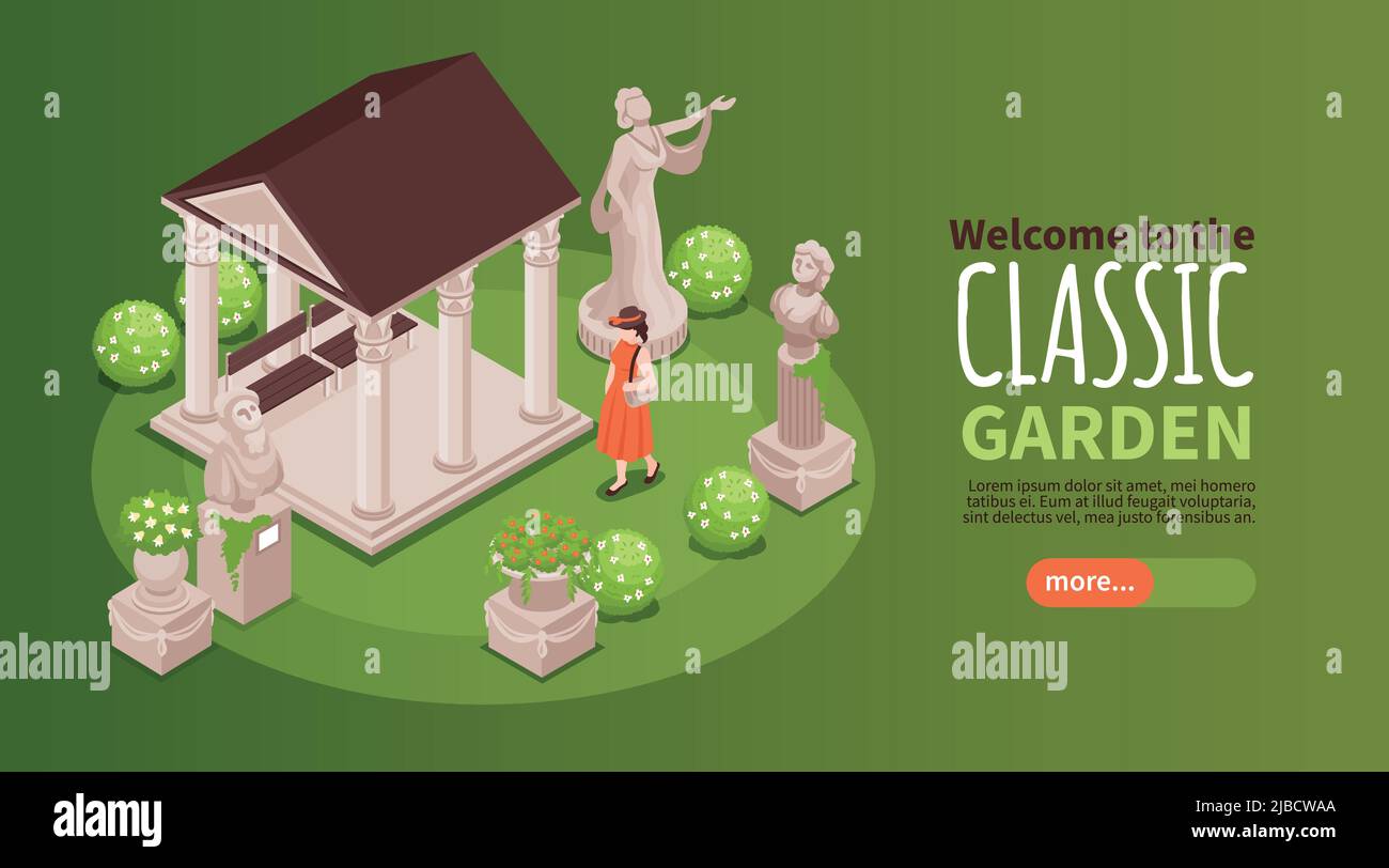 Banner giardino casa di campagna con parco e simboli di scultura illustrazione vettoriale Illustrazione Vettoriale