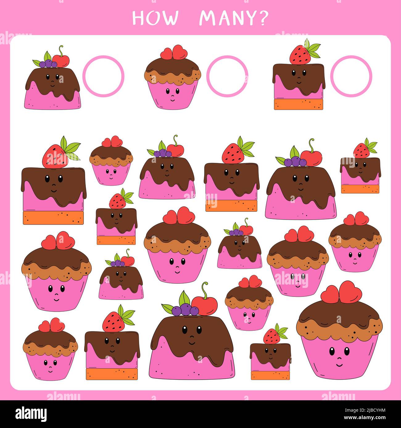 Conta quanti cupcake e scrivi il risultato Foto Stock