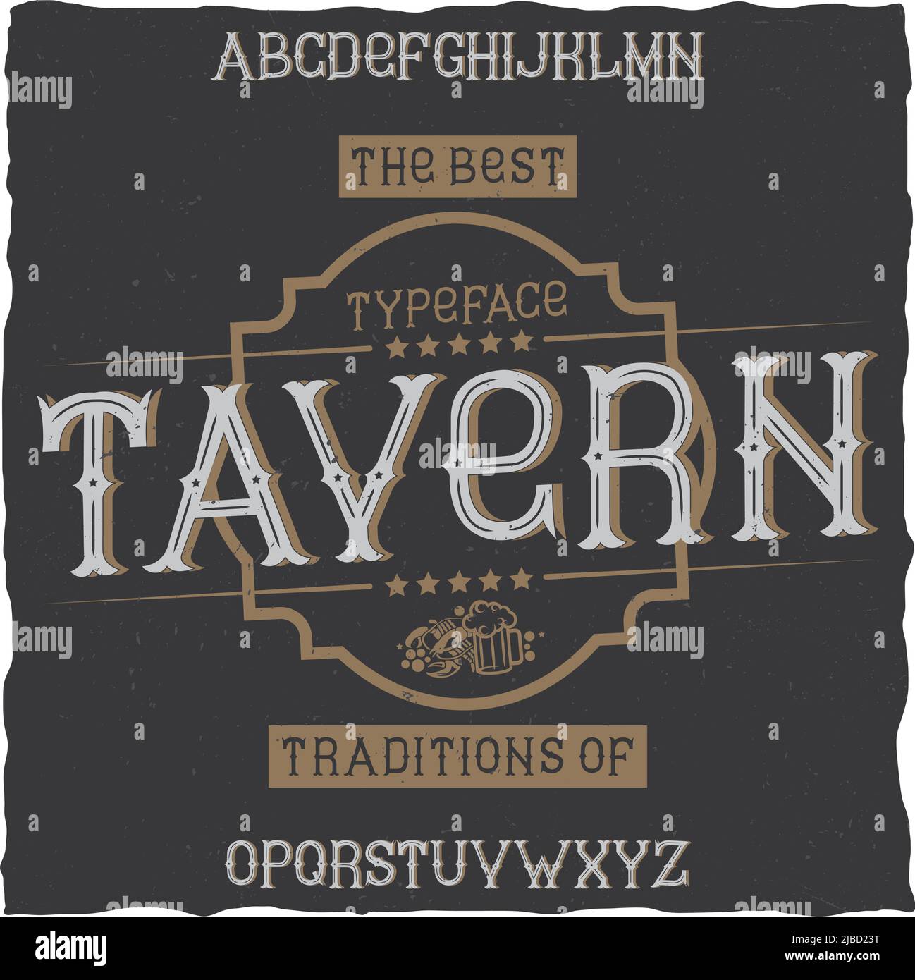 Font etichetta vintage chiamato Tavern. Buono da usare in tutte le etichette di design retrò di bevande alcoliche. Illustrazione Vettoriale