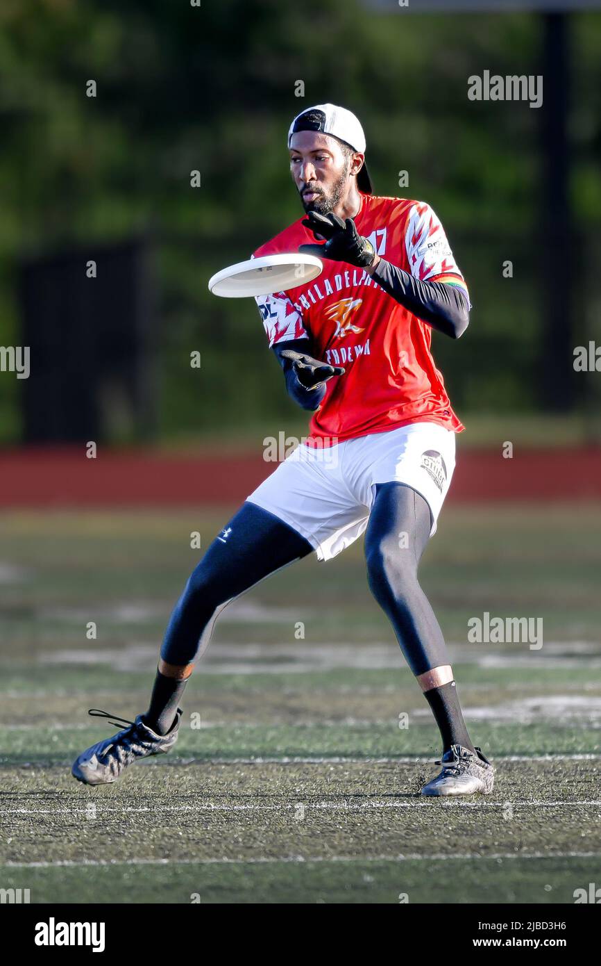 Ultimate frisbee competizione partita - AUDL - giocatori professionisti cattura / cattura il disco durante un gioco Philadelphia Phoenix Stati Uniti d'America / Stati Uniti Foto Stock