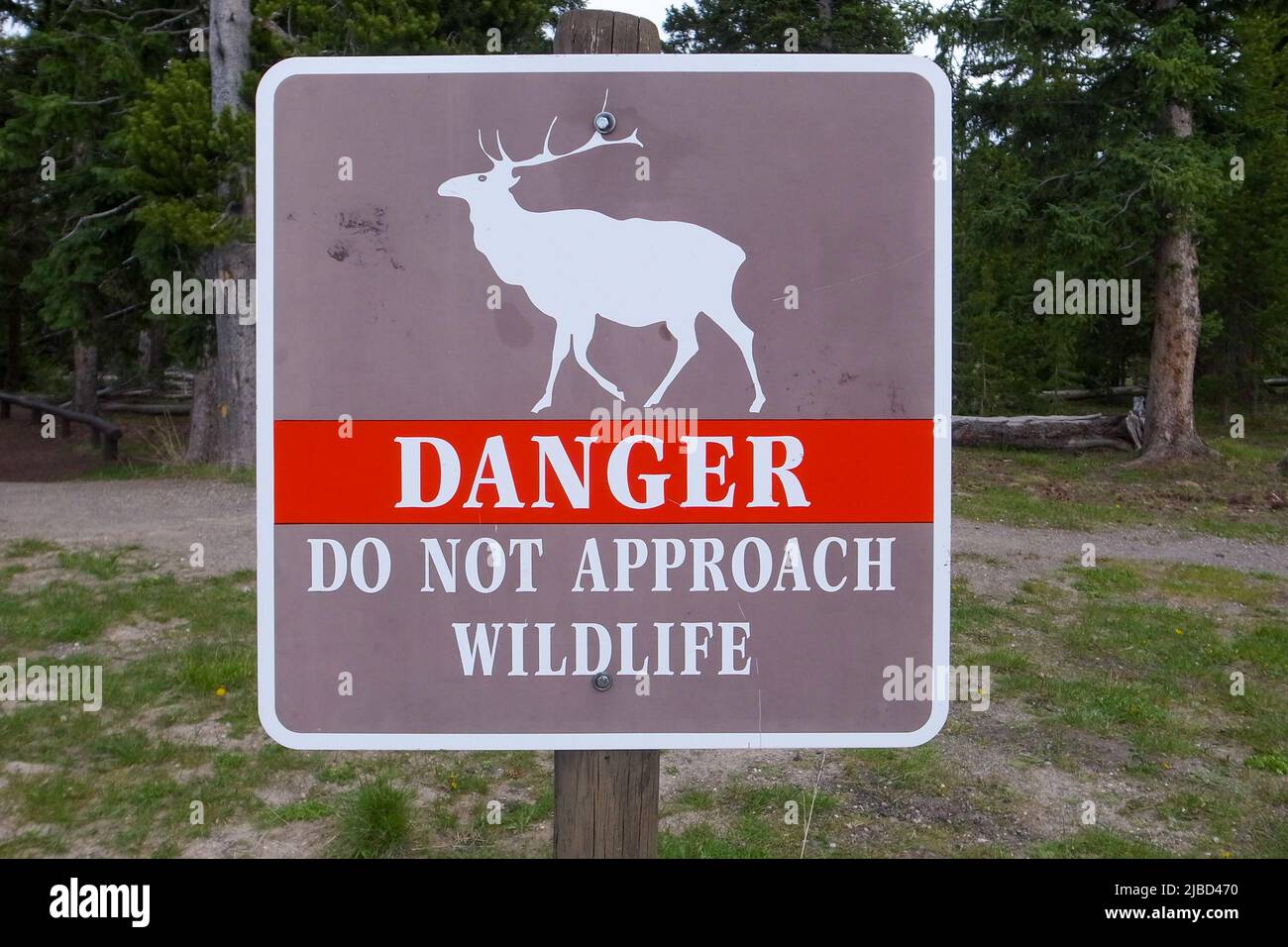 Dettaglio di pericolo non avvicinarsi alla fauna selvatica segno nel parco nazionale di Yellowstone, Wyoming, Stati Uniti. Sicurezza in natura. Attenzione agli animali selvatici Foto Stock