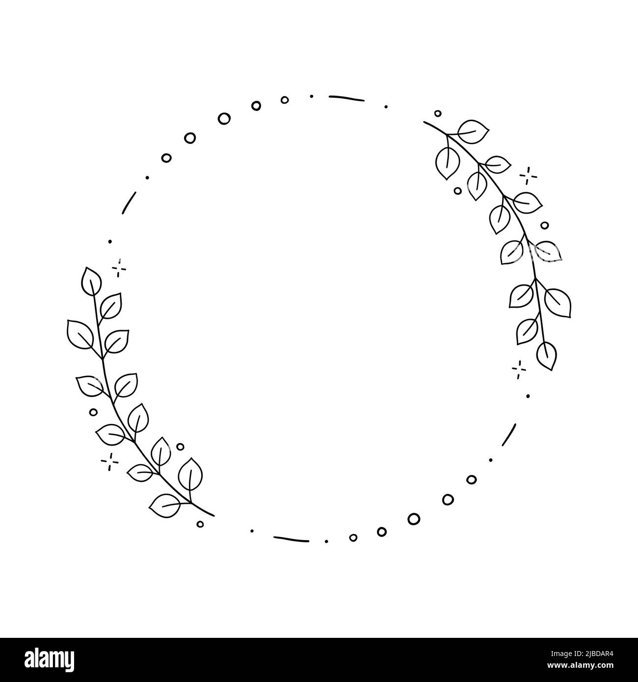 Corona circolare floreale con foglie. Pianta telaio rotondo con ramo di albero. Illustrazione minima del doodle disegnato a mano. Colore bianco e nero Illustrazione Vettoriale