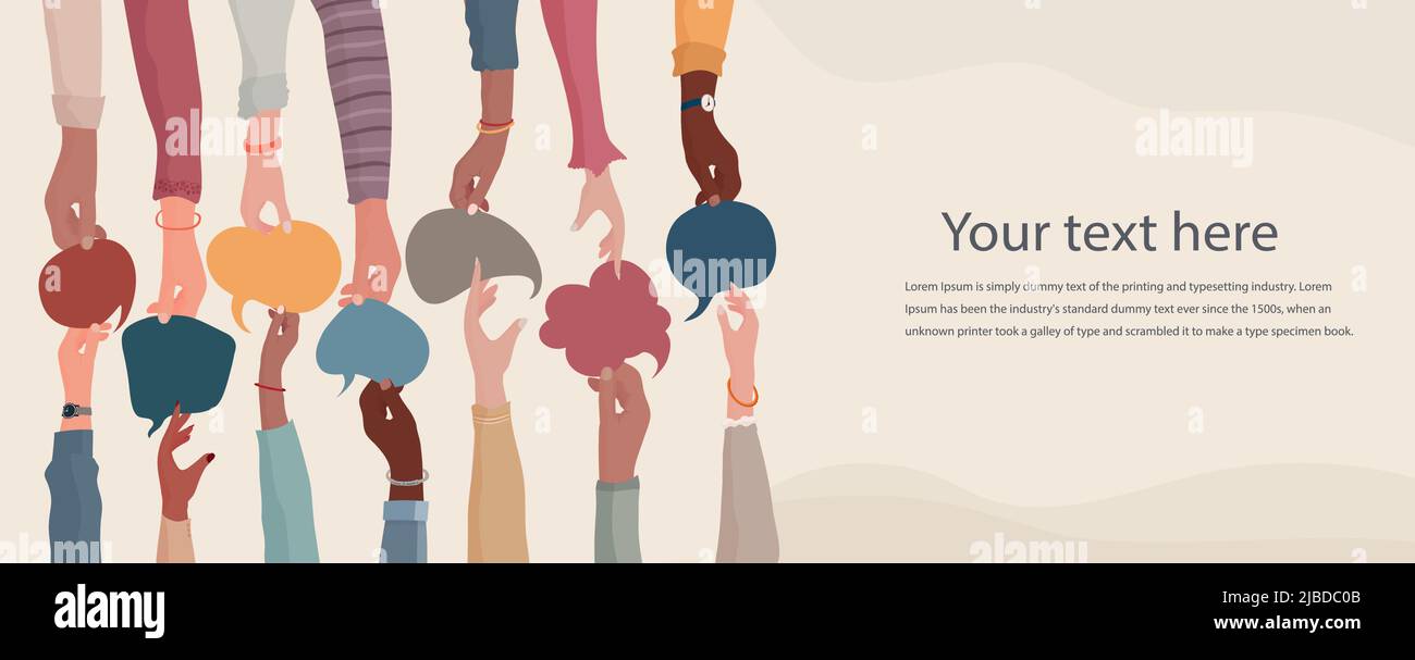 Accordo o relazione tra gruppi di colleghi o collaboratori. Diversità persone che si scambiano informazioni.mani tenendo discorso bubble.Sharing idee Illustrazione Vettoriale