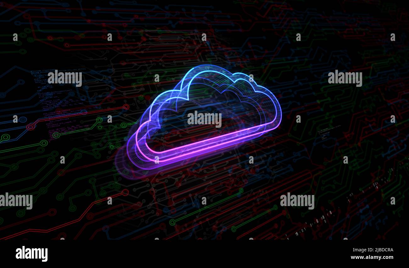 Cloud computing, storage online e Internet server simbolo concetto digitale. Network, cyber Technology e computer background abstract 3D Illustrat Foto Stock