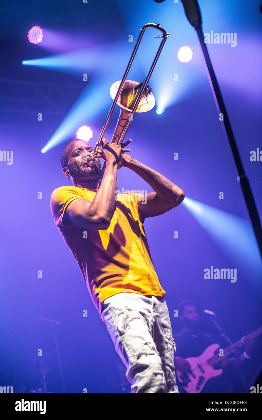 Trombone Shorty in esecuzione a Razzmatazz, Barcellona 3 giugno 2022. Fotografo: ALE Espaliat Foto Stock
