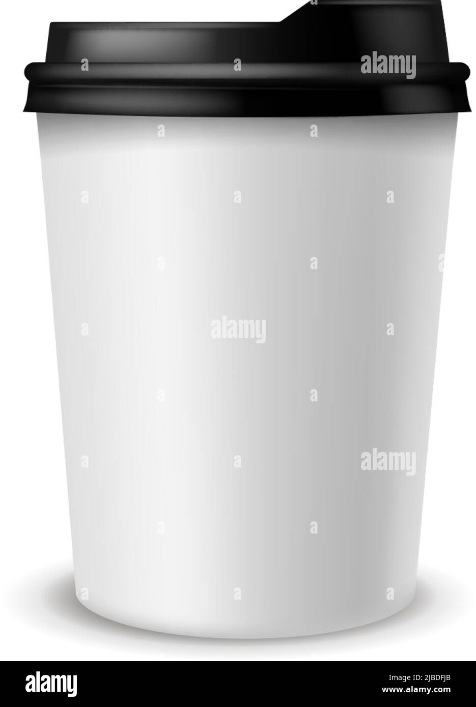 Tazza di caffè di carta. Contenitore in cartone da asporto per latte, caffè espresso e cappuccino, coperchio in plastica nero, bevande mattutine da bar o ristoranti, bianco bianco Illustrazione Vettoriale