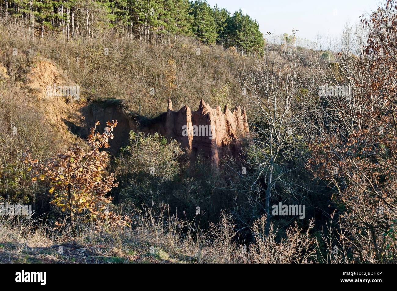 Le piramidi di Katyn dalle forme appuntite e di colore marrone-rossastro, situate a nord-est del villaggio di Katina sulle pendici meridionali di Stara Planina, S. Foto Stock