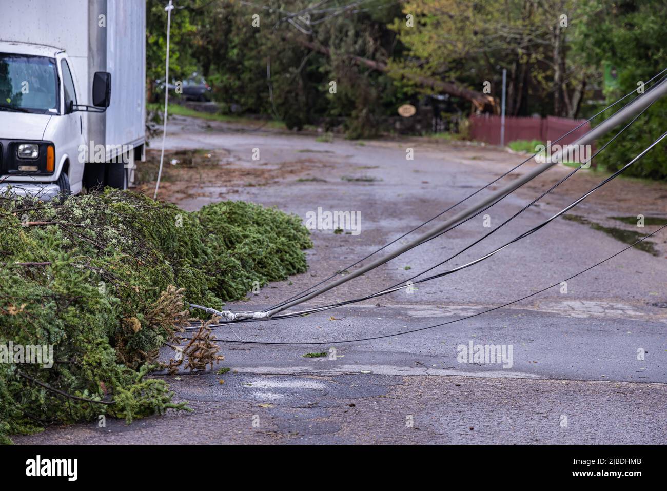 Interruzione dell'alimentazione elettrica nel villaggio rurale canadese dopo una potente tempesta che sutisce gli alberi e abbattere i cavi di alimentazione elettrica, bloccando la strada. Con spazio di copia. Foto Stock