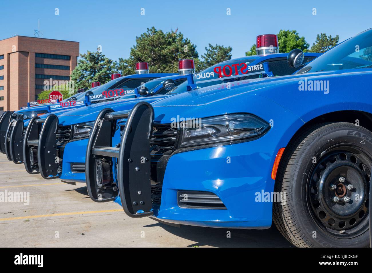 Dimondale MI - 4 giugno 2022: Veicoli di addestramento della polizia dello Stato del Michigan Foto Stock