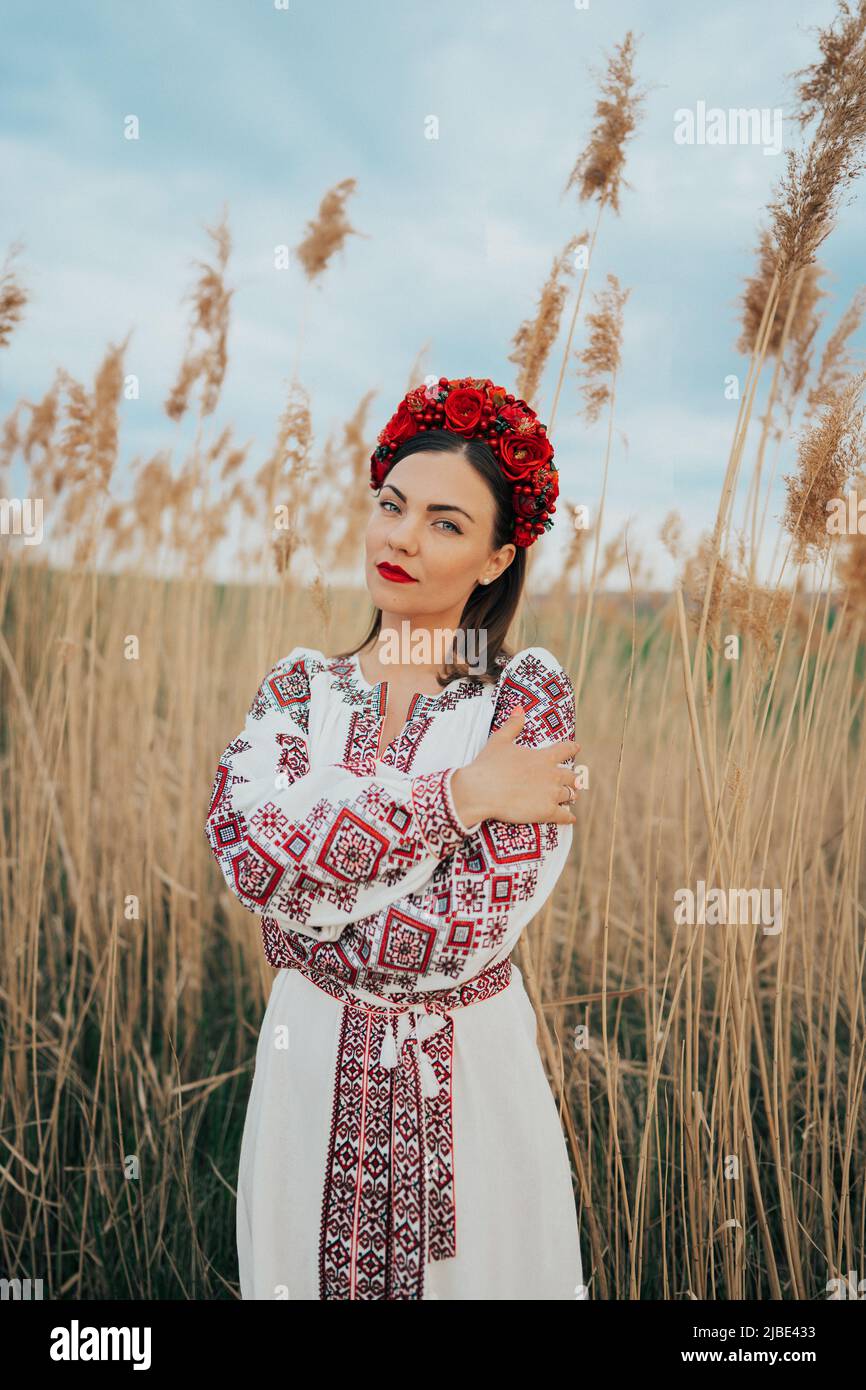 Donna Ucraina in vyshivanka ricamato vestito su sfondo naturale. Foto Stock