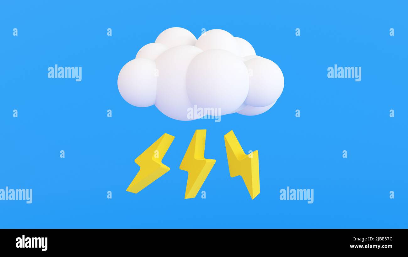 Segno di previsione meteo, icona meteorologica, nuvola e fulmine, rendering 3D. Foto Stock