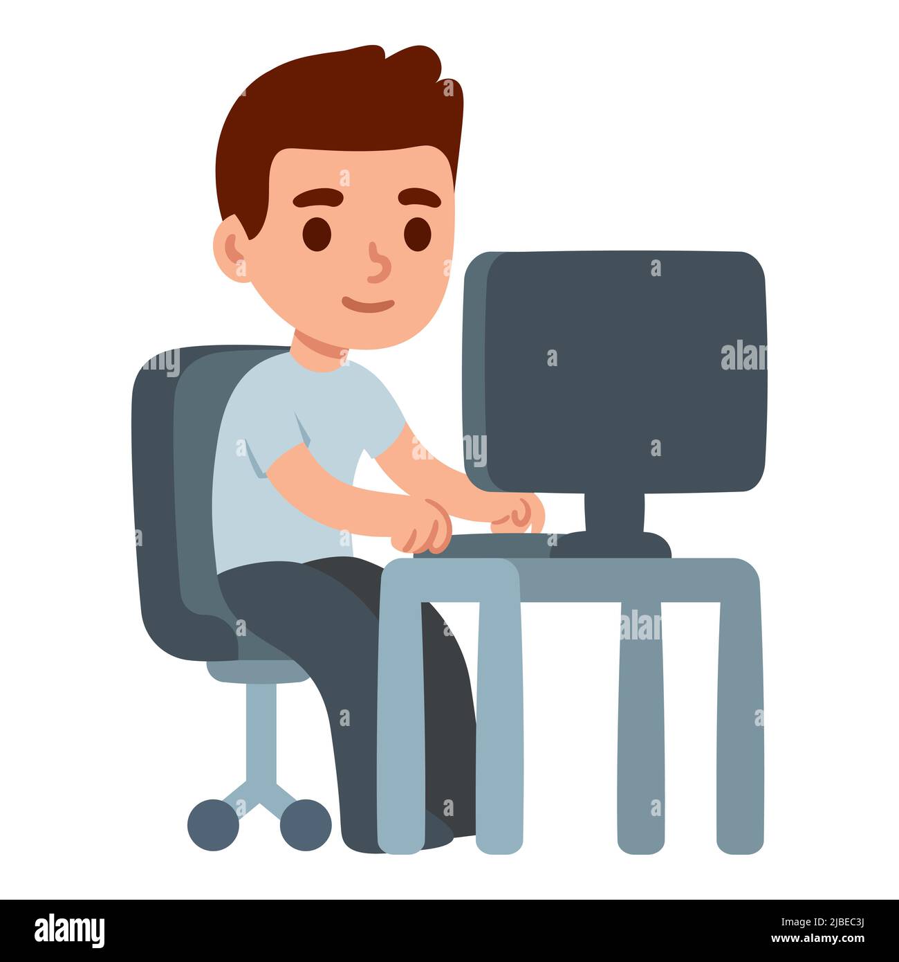 Personaggio che lavora sul computer alla scrivania dell'ufficio. Carino uomo cartoon, studente o dipendente. Semplice illustrazione vettoriale in stile piatto. Illustrazione Vettoriale