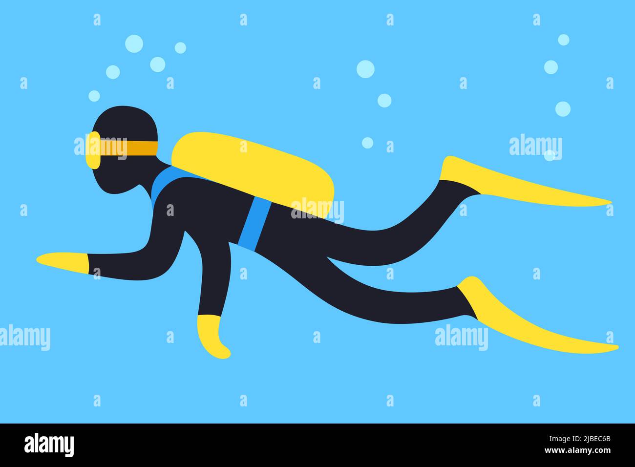 Scuba diving cartoon illustrazione vettoriale. Subacqueo che nuota sott'acqua su sfondo blu. Illustrazione Vettoriale