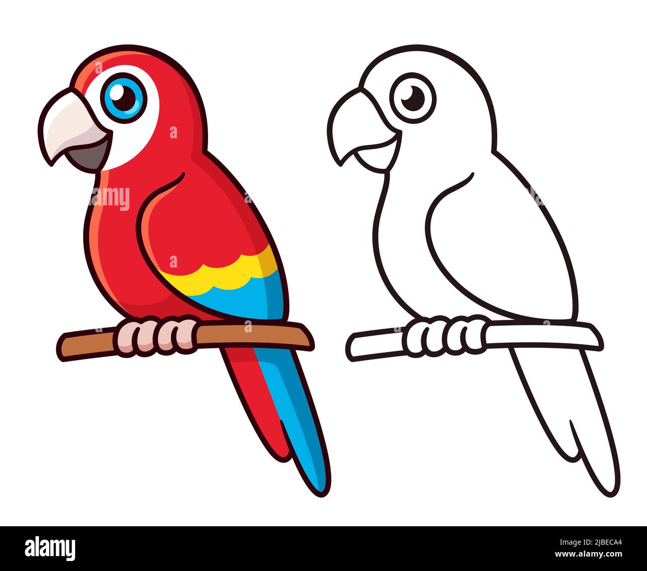 Carino disegno di pappagallo di macaw del cartone animato. Colourful red bird and black and white line art. Semplice illustrazione vettoriale di clip art. Illustrazione Vettoriale