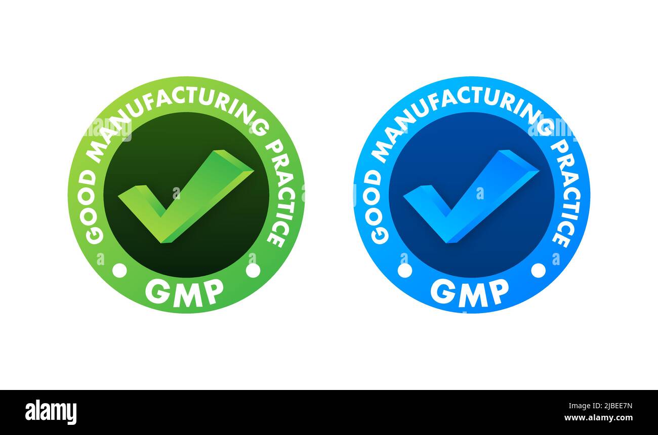 Timbro rotondo certificato GMP Good Manufacturing Practice. Sfondo vettoriale. Logo Vector. Illustrazione Vettoriale