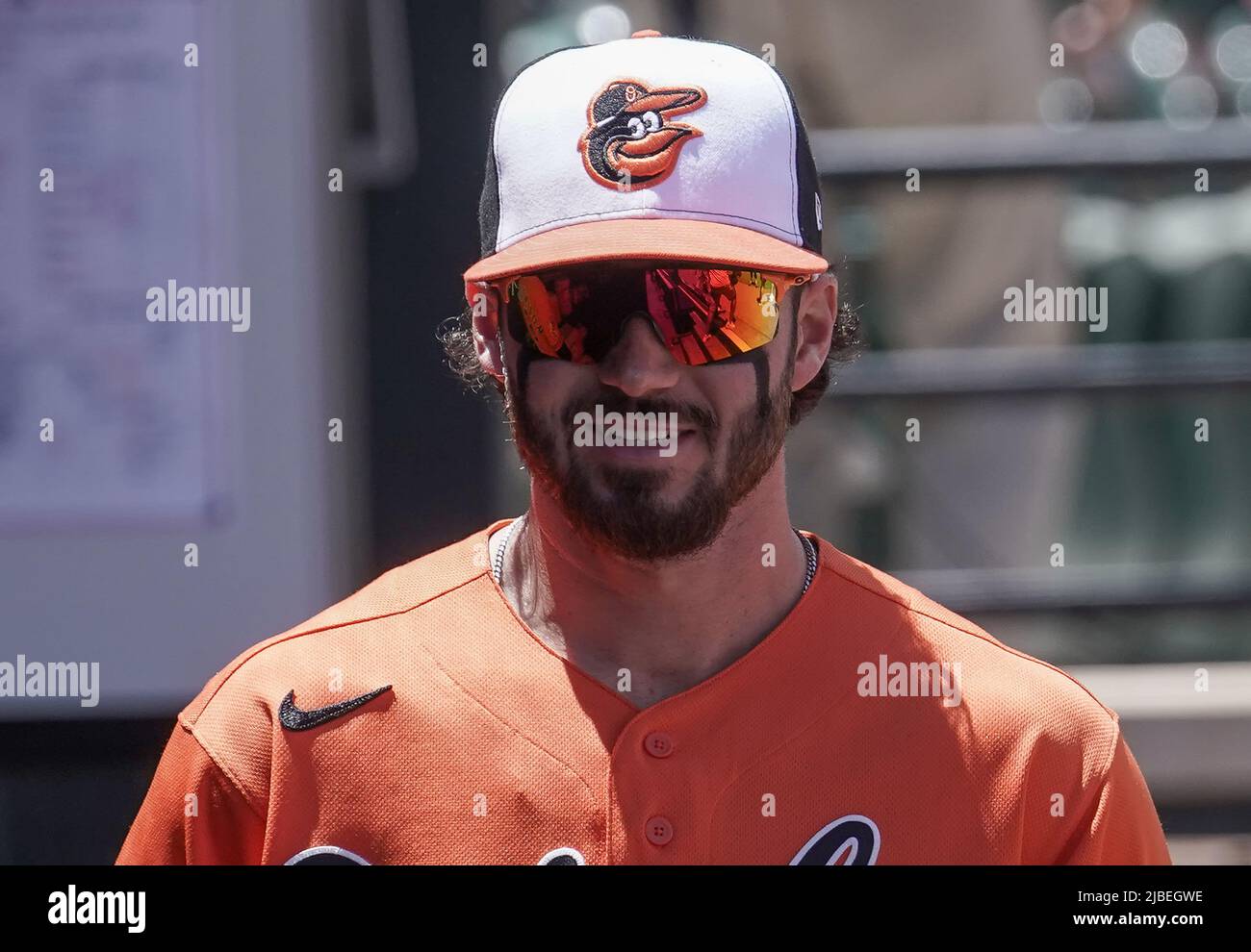 Baltimora, Stati Uniti. 05th giugno 2022. BALTIMORE, MD - 05 GIUGNO: Baltimore Orioles centro fielder Ryan McKenna (26) in dugout prima di una partita MLB tra i Baltimore Orioles e i Cleveland Guardians, il 05 giugno 2022, all'Orioles Park a Camden Yards, a Baltimora, Maryland. (Foto di Tony Quinn/SipaUSA) Credit: Sipa USA/Alamy Live News Foto Stock