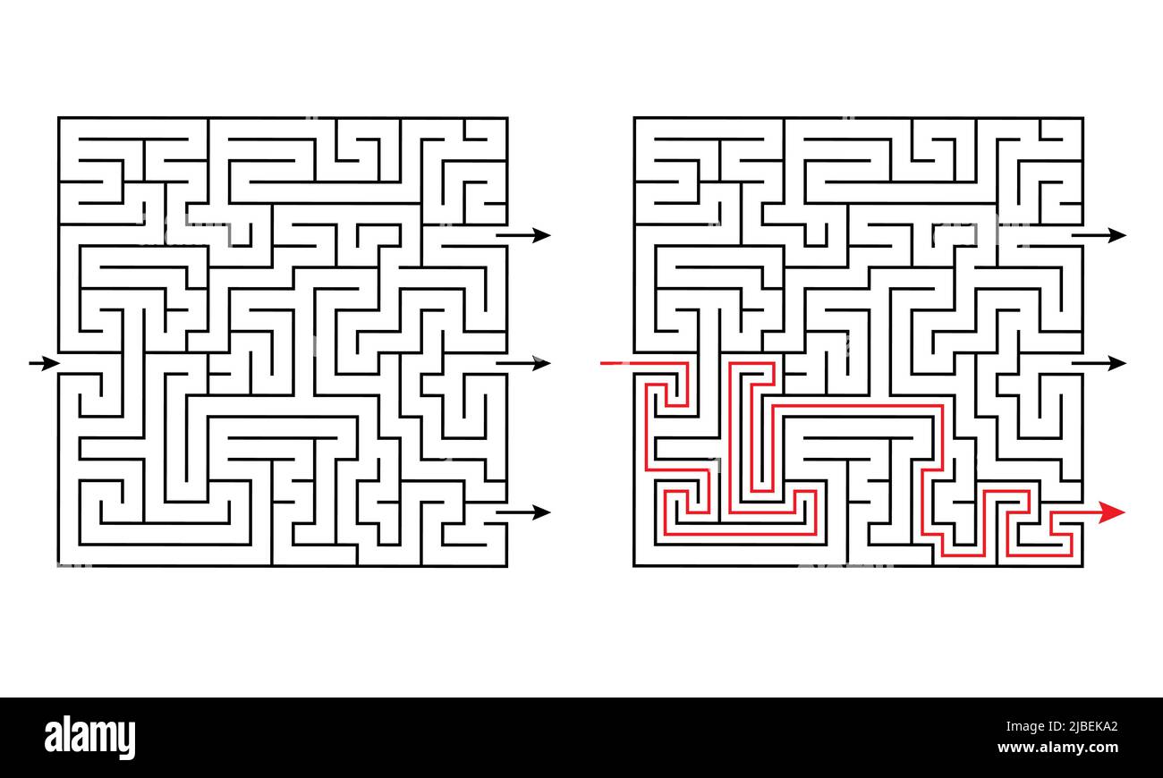 Labirinto labirinto gioco di logica educativa per bambini con diverse uscite e soluzione. Puzzle impegnativo per la scuola montessori Illustrazione Vettoriale