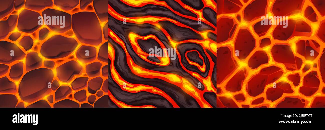 Texture lava senza giunture per il gioco. Sfondi dell'eruzione vulcanica vista dall'alto, disegno astratto con magma fuso caldo, pietre, crepe, liquido fluente e rocce incandescenti, illustrazione vettoriale Cartoon Illustrazione Vettoriale