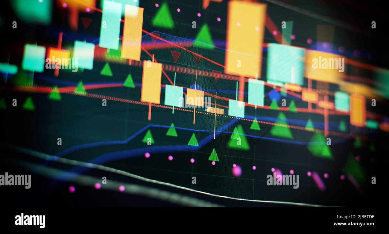 Interfaccia grafico finanziario astratto virtuale su sfondo interno moderno, finanziaria e concetto di trading Foto Stock