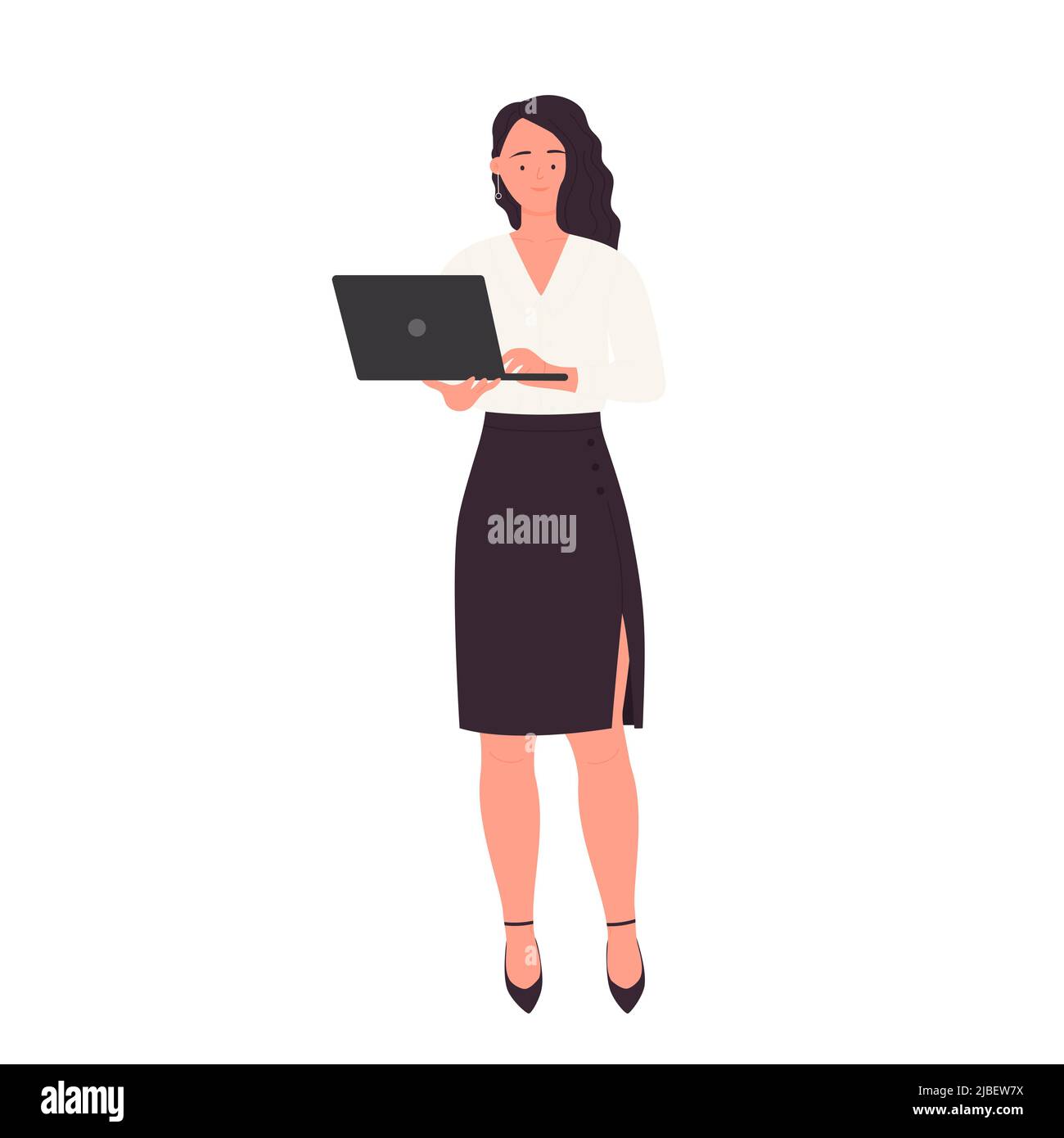 Donna d'affari che tiene un laptop. Responsabile in piedi con illustrazione vettoriale del pc Illustrazione Vettoriale