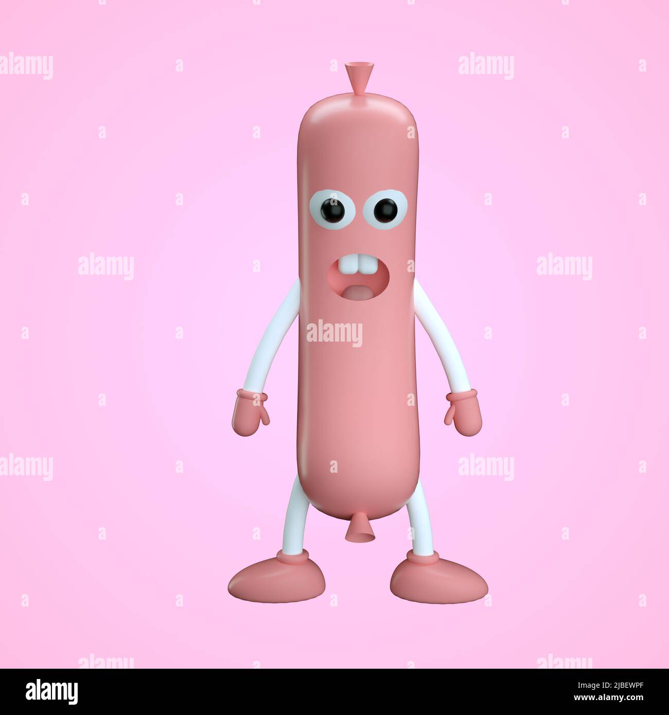 Il personaggio è una salsiccia in stile cartone animato 3D. 3d rendering Foto Stock