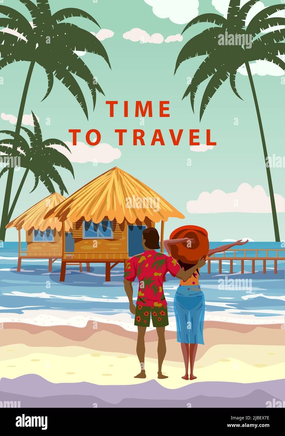 Tempo di viaggiare. Donna e uomo in resort tropicale, poster vintage. Spiaggia costa capanne tradizionali, palme, oceano. Vettore di illustrazione stile retrò Illustrazione Vettoriale