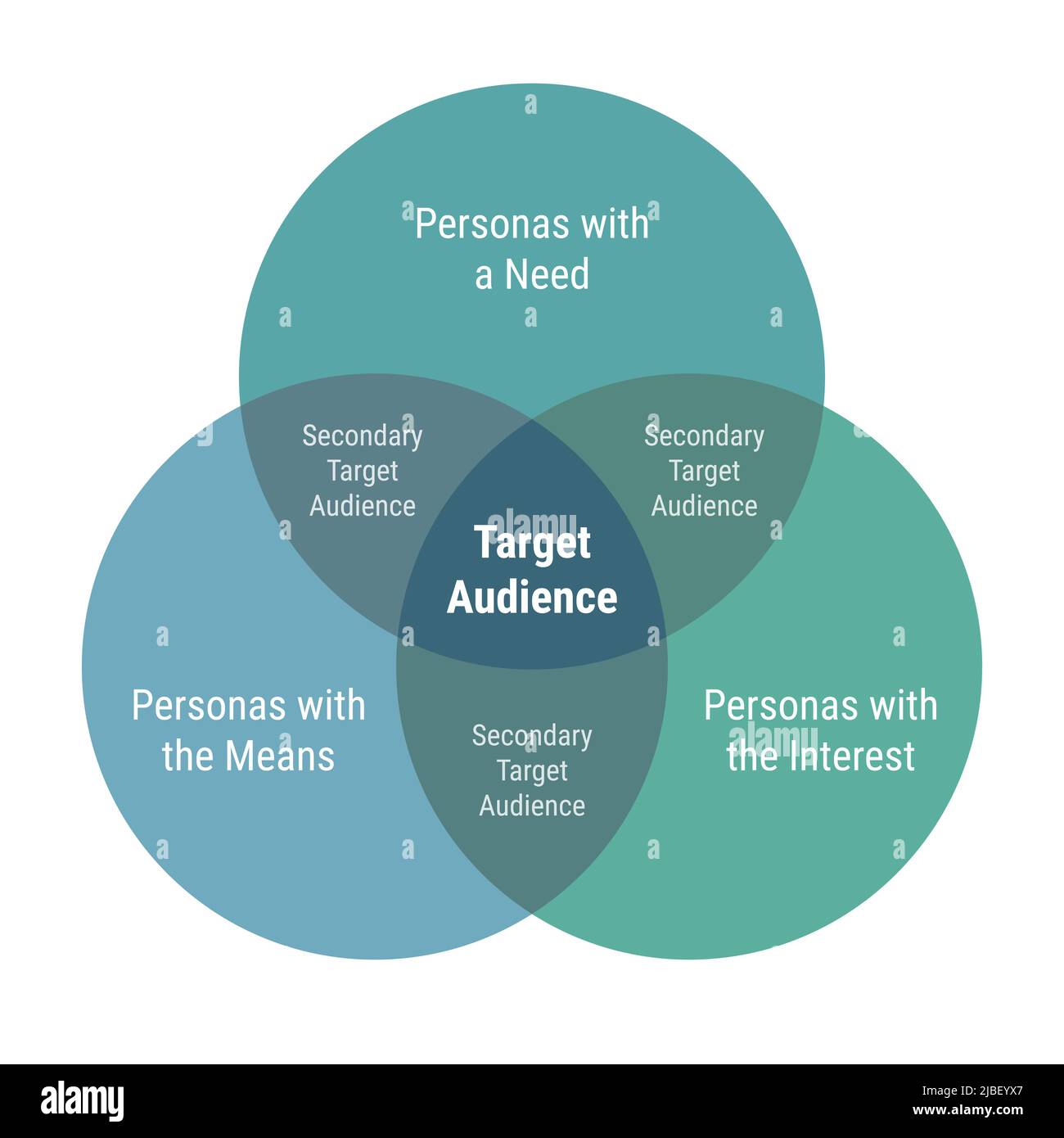 Target diagramma di venn con 3 cerchi sovrapposti. Personas con mezzi, bisogni e parti di interesse. Destinatari secondari. Design piatto blu AN Illustrazione Vettoriale