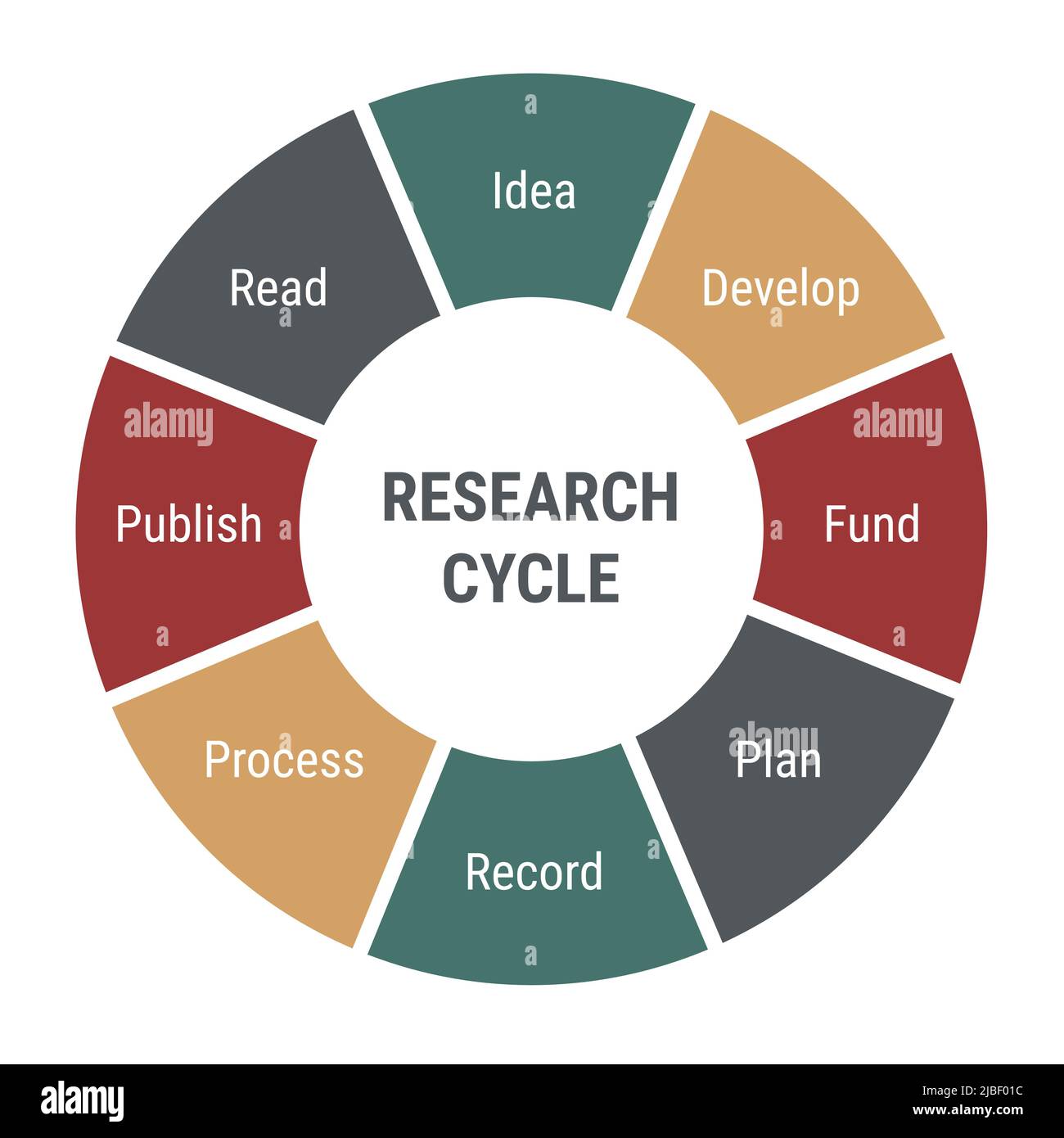 Diagramma del ciclo di ricerca. Infografica Circle con 8 parti e testo. Idea e sviluppo, fondi, pianificazione e registrazione, processo di pubblicazione e lettura. Piatto multicolore Illustrazione Vettoriale