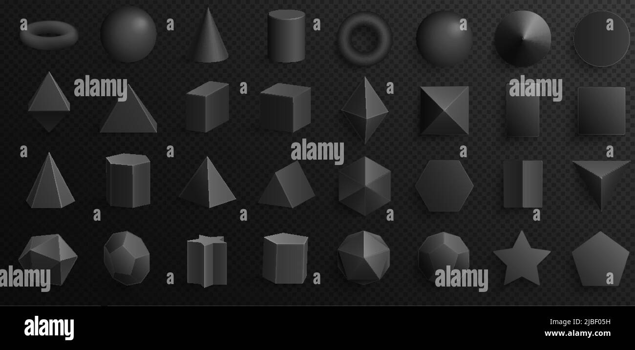 3d figure geometriche nere e oggetti immagine vettoriale del set. Geometria realistica forma di base per l'educazione, cono e prisma, cilindro e tetraedro, sfera isolata su sfondo trasparente Illustrazione Vettoriale