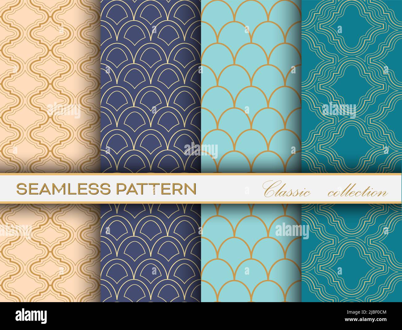 set di motivi classici senza cuciture di tessitura d'oro di diverse tavolozze di colore per texture, tessuti, sfondo semplice e design creativo Illustrazione Vettoriale