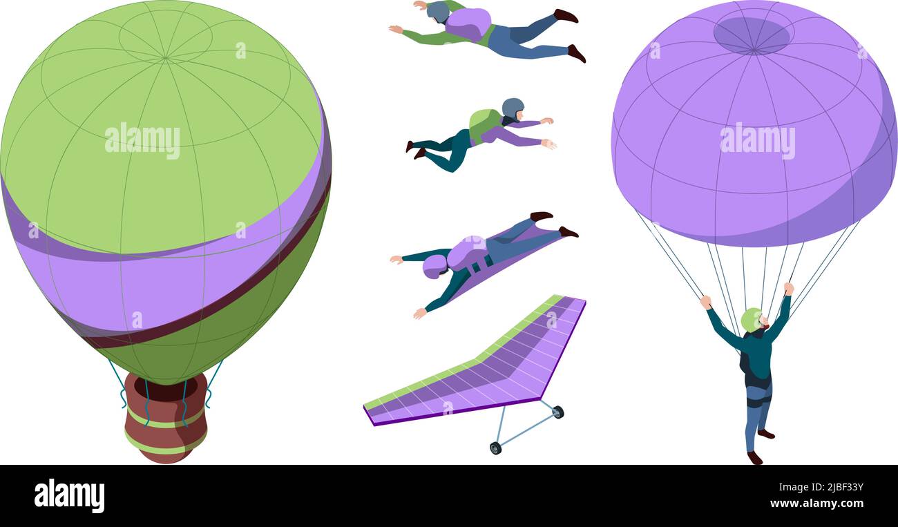 Turismo aereo. Volo di avventura palloncini d'aria per i viaggiatori paracadutismo planante garish vettore cartoon set isolato Illustrazione Vettoriale
