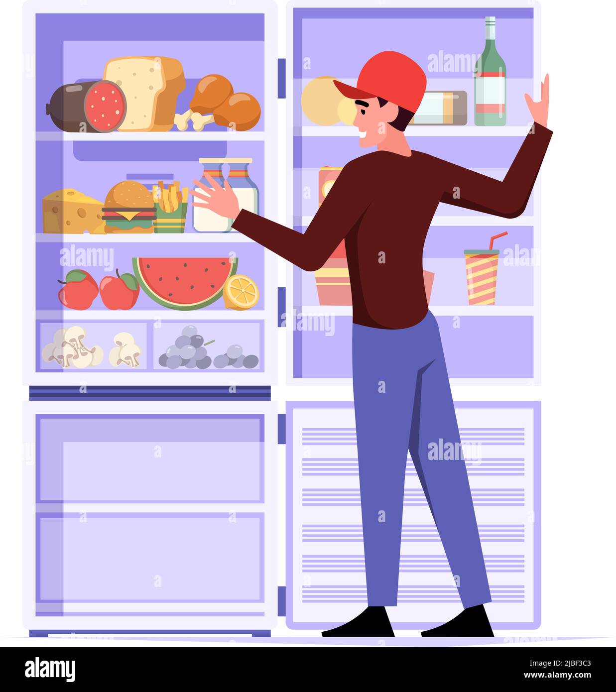 Personaggio affamato. Uomo in piedi vicino al frigorifero pieno con mangiare cibo carne latte uova vino frutta e verdura Garish vettore cartoon illustrazione concetto Illustrazione Vettoriale