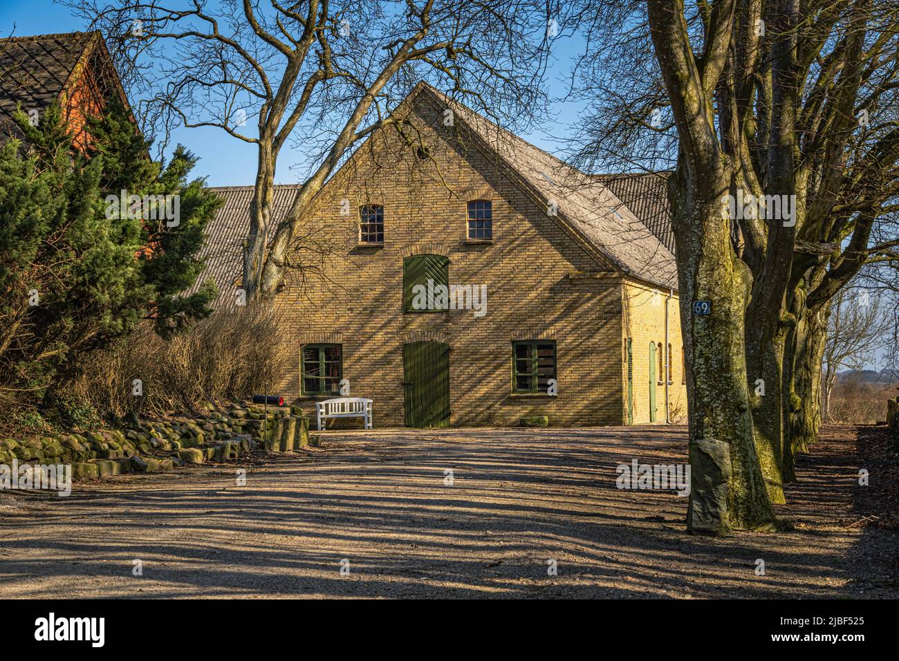 Casa tipica in una fattoria in Danimarca illuminata dal sole primaverile. Il viale alberato proietta ombre sulla facciata gialla. Assens, Danimarca, Europa Foto Stock