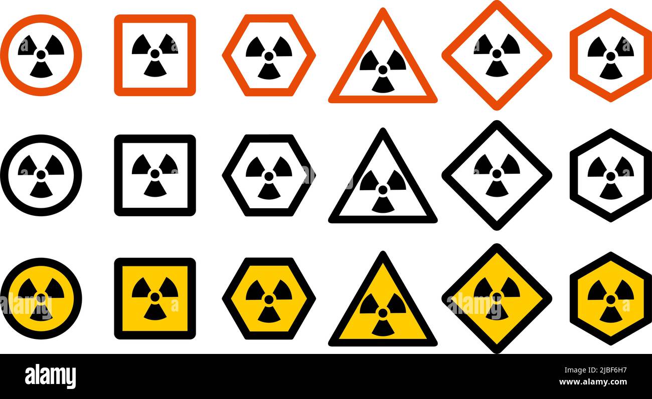 Concetto di settore. Set di diversi segnali di pericolo per le radiazioni per il design del sito Web, il logo, l'app, l'interfaccia utente. Simbolo nucleare radioattivo isolato su fondo bianco gr Illustrazione Vettoriale