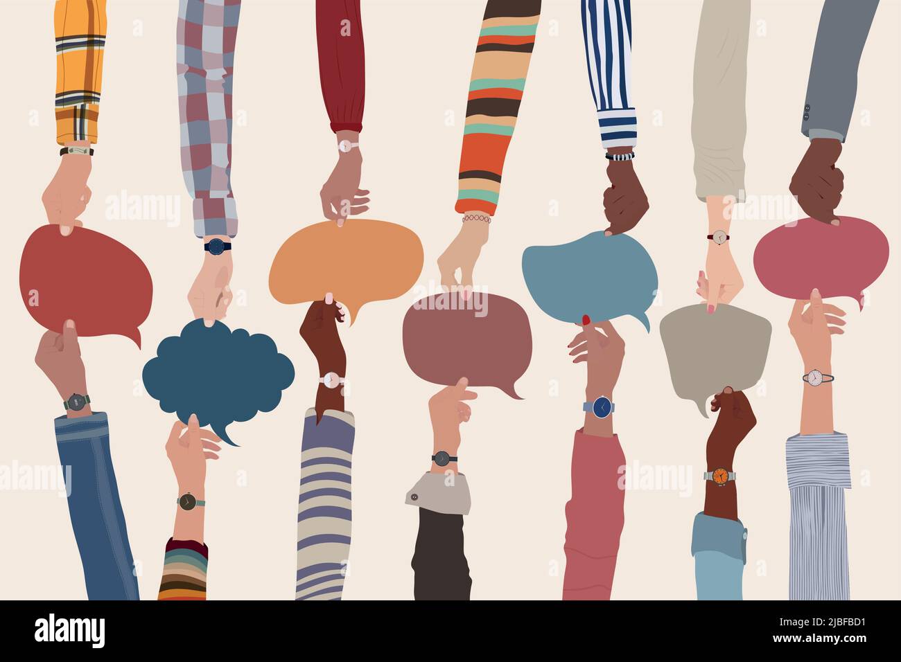 Accordo o relazione tra un gruppo di colleghi o collaboratori.Diversity persone che si scambiano informazioni.armi e mani in attesa di discorso bubble.Team Illustrazione Vettoriale