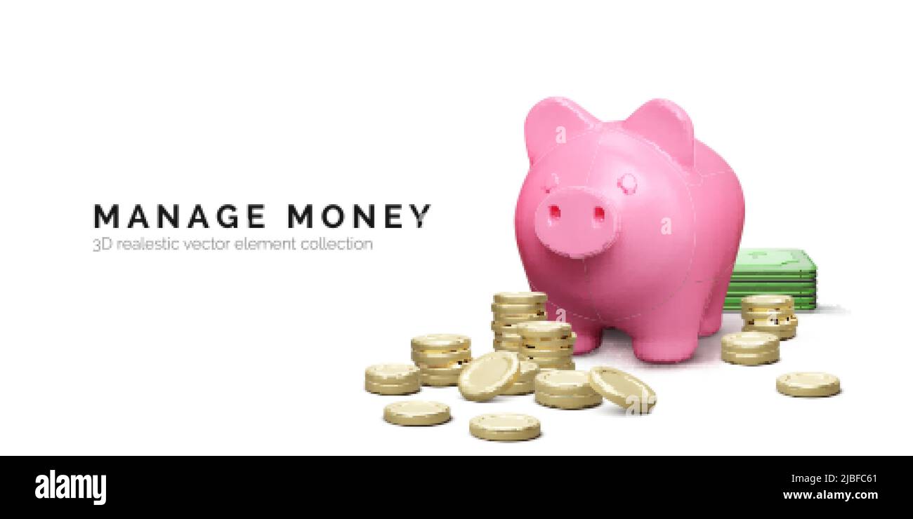 Piggy banca con pila di monete d'oro. Concetto di risparmio di denaro. 3D stack realistico di maiale e denaro. Investimento finanziario e concetto di business. Illustrazione vettoriale Illustrazione Vettoriale