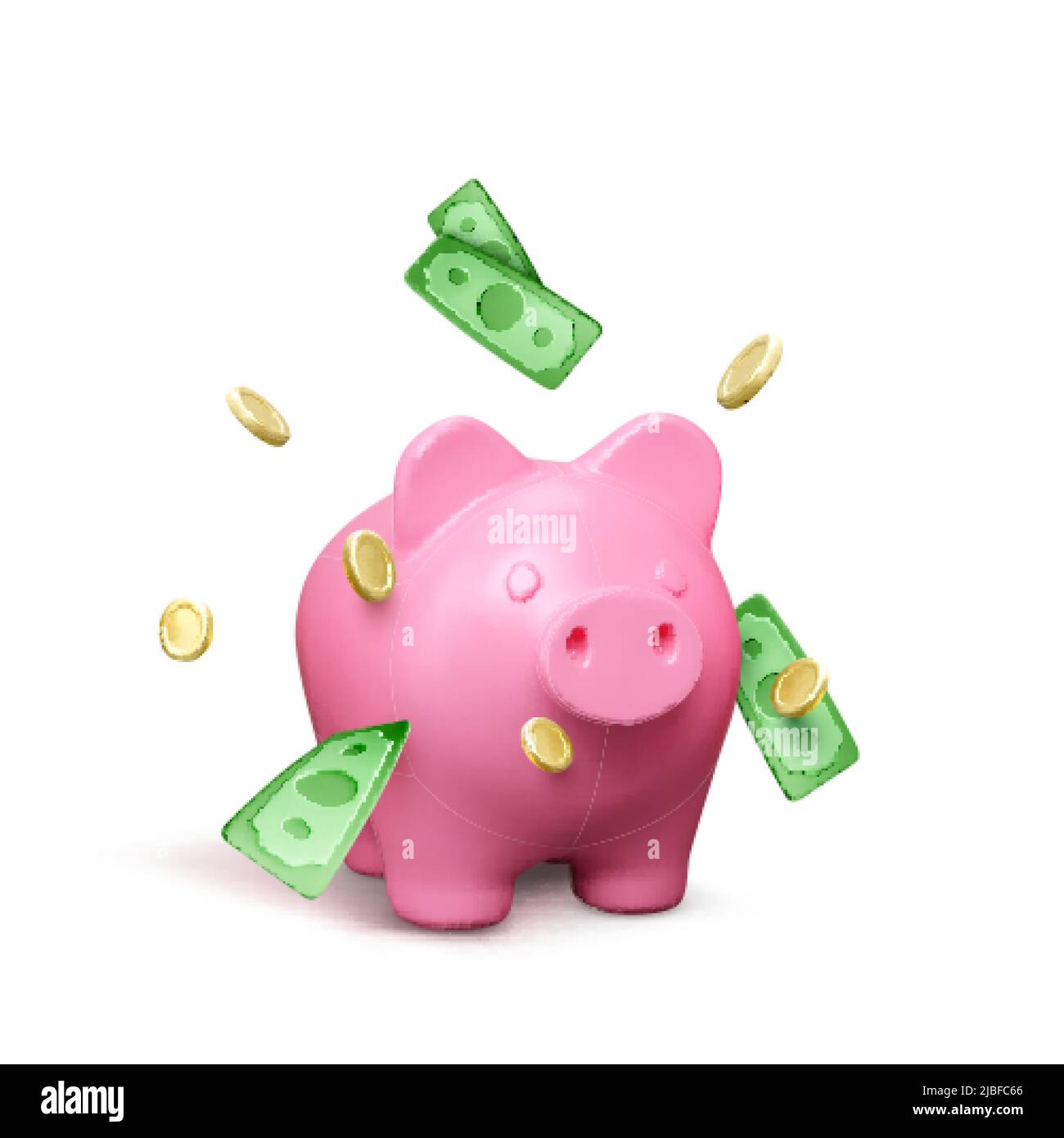 Piggy banca e cadere carta verde denaro e monete d'oro. Concetto di risparmio di denaro. Banner di investimento finanziario isolato su sfondo bianco. Vettore illustrati Illustrazione Vettoriale