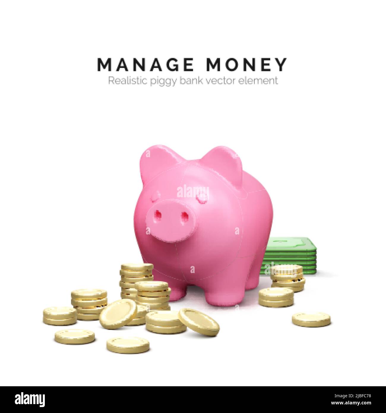 Piggy banca con pila di monete d'oro e carta valuta. Gestione del denaro. 3D stack realistico di maiale e denaro. Investimento finanziario e concetto di business. V Illustrazione Vettoriale