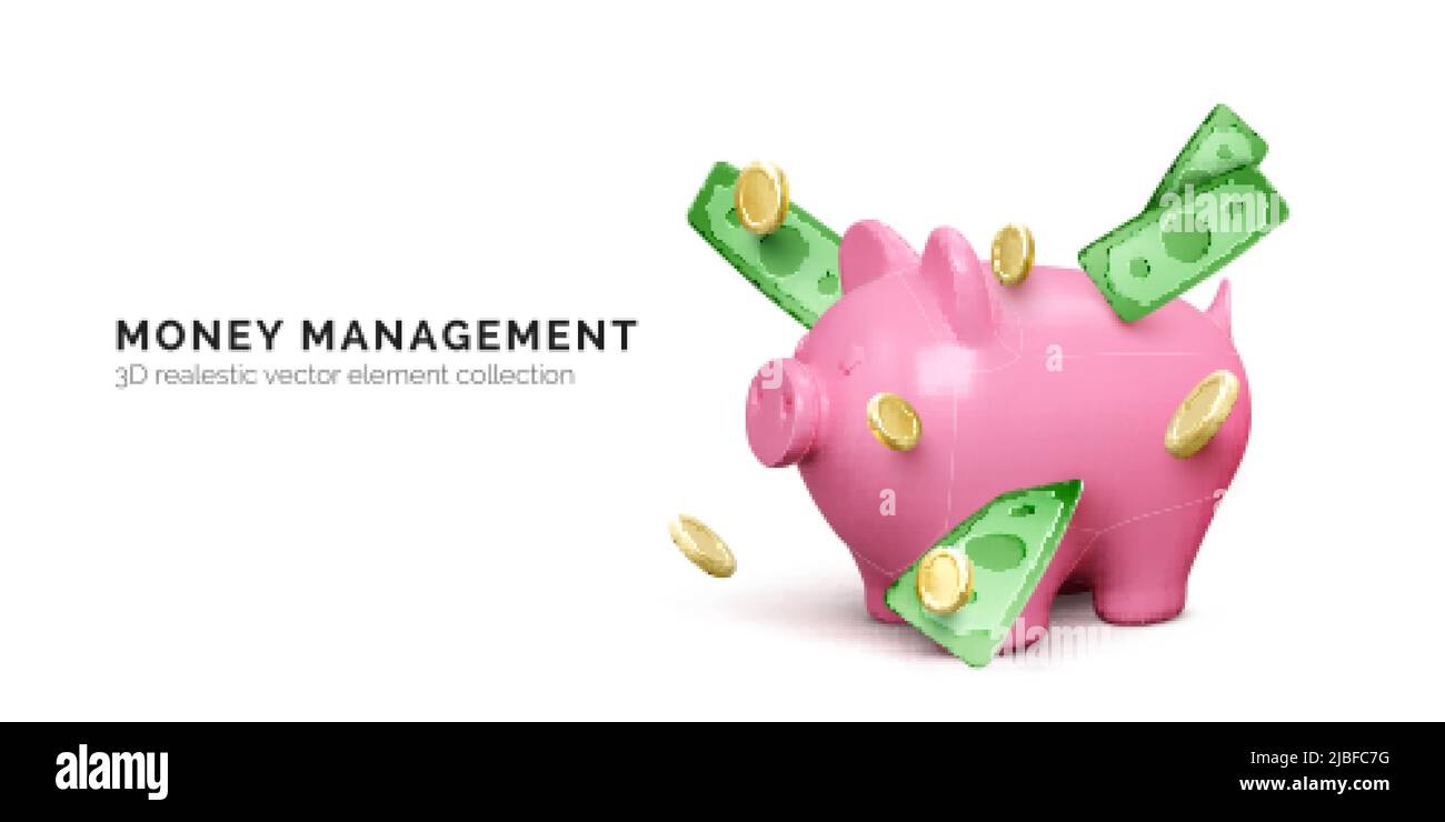 Rosa Piggy banca e cadere carta verde denaro e monete d'oro. Banner di investimento finanziario isolato su sfondo bianco. Concetto di risparmio di denaro. Vettore illus Illustrazione Vettoriale