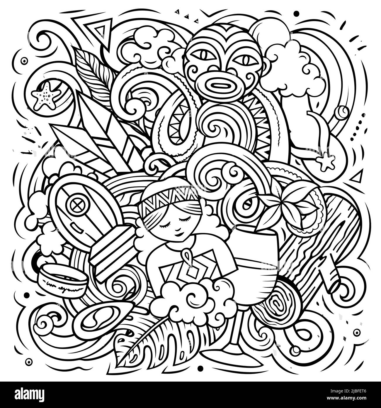 Nuova Zelanda disegno a mano cartoon doodle illustrazione. Design divertente. Sfondo vettoriale creativo con elementi e oggetti Oceania Country. Illustrazione Vettoriale