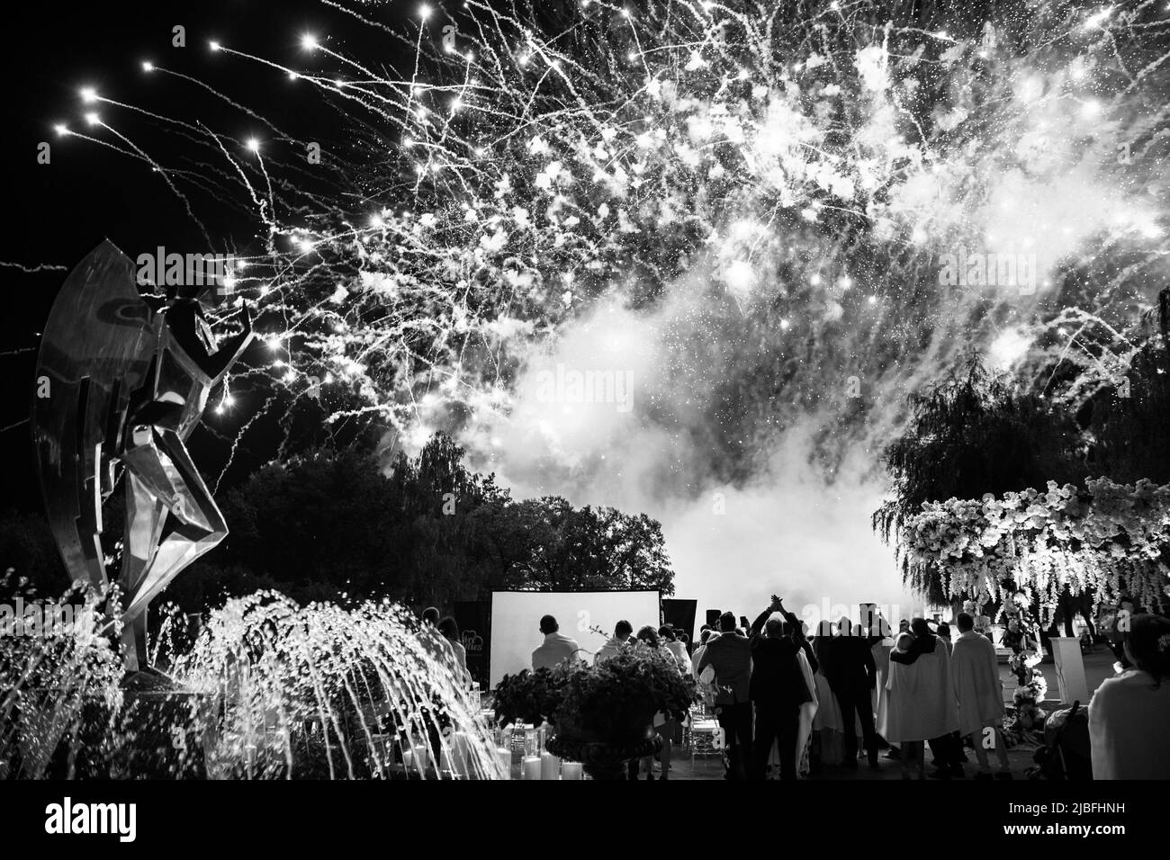 Sposi novelli con gli ospiti che guardano i fuochi d'artificio del matrimonio. Foto Stock