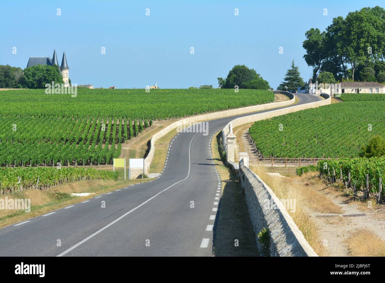 Gironda (33). Bordelais. Medoc. La strada del vino, qui il D2, vicino ai vigneti del Chateau Baron-Pichon-Longueville. Foto Stock